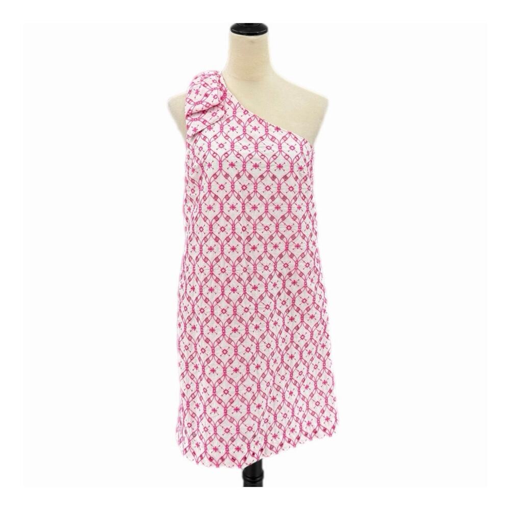 J. Crew NEW White Hot Pink Embroidered One Shoulder Bow Cotton Sheath Dress